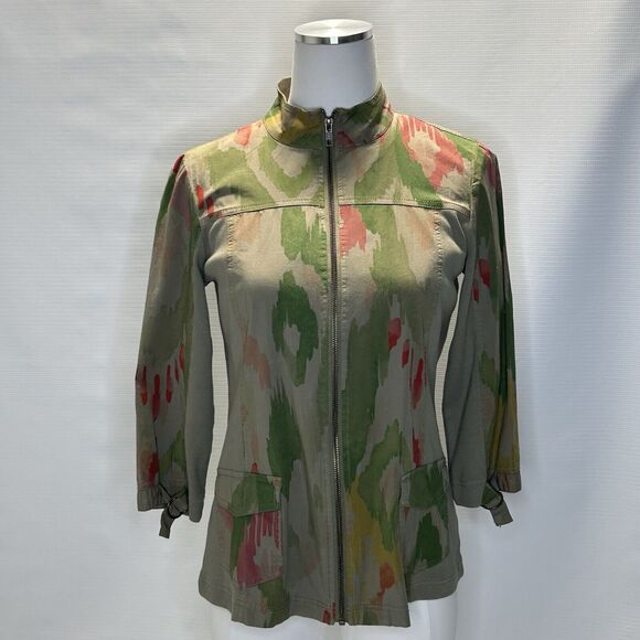 Chicos Zenergy Jacket Womens 0 Small Green Ikat Utility Zip Up Tie 3/4 Sleeve - Picture 4 of 14